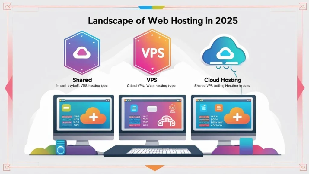 Infografic comparativ tipuri de gazduire web în 2025 – shared, VPS, cloud