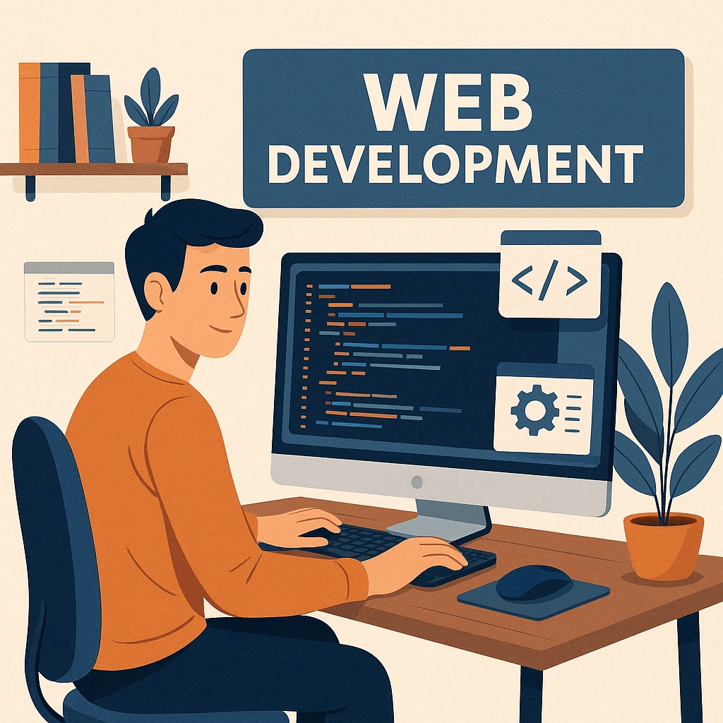 Dezvoltare web în 2025 – programator la laptop construind un site modern, simbolizând idei de afaceri online profitabile și flexibile